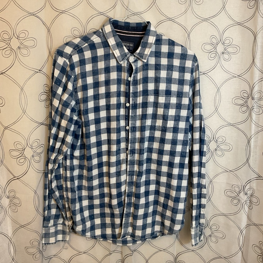 Men's American Rag Blue White Checked Button Up Long Sleeve Faded Size‎ Medium